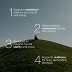 ESISLABS Calm Mode capsules on a green hill, minimal design promoting mental clarity and focus, luxury wellness aesthetic.