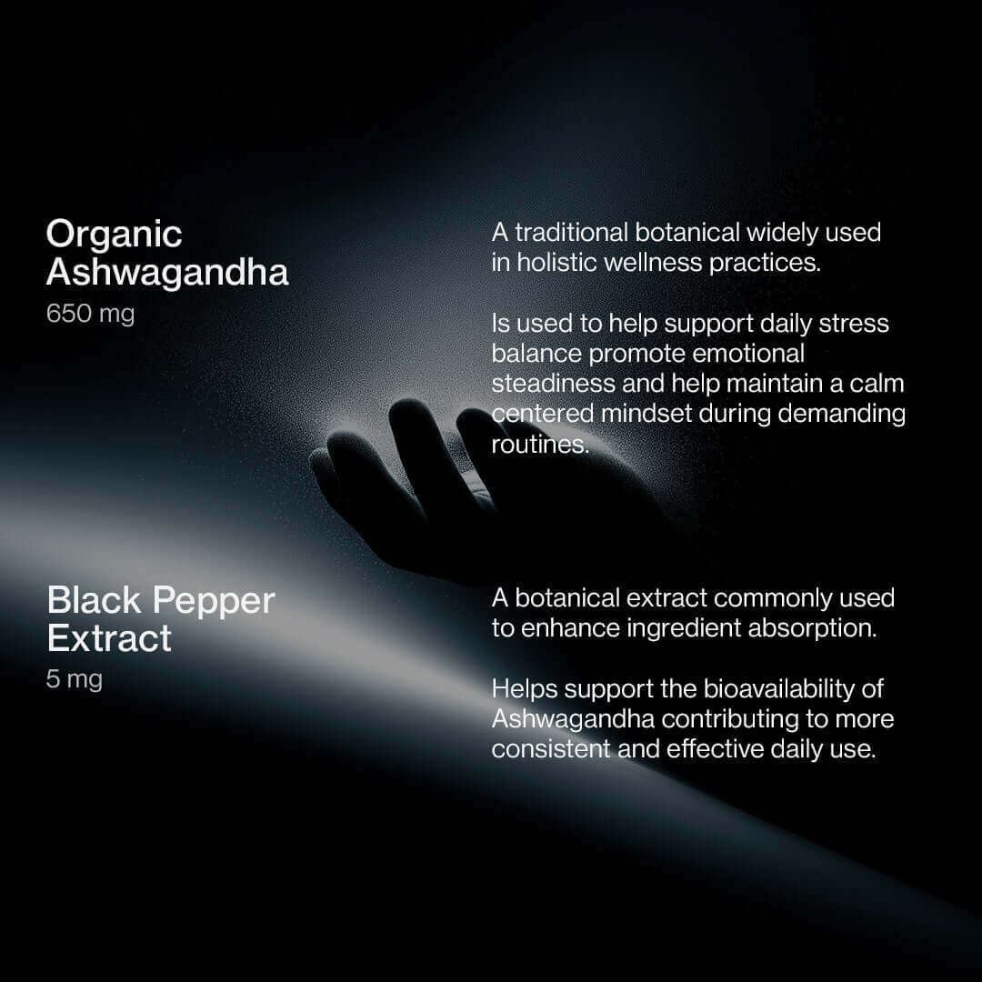 ESISLABS Calm Mode capsules featuring Organic Ashwagandha and Black Pepper Extract in a minimalist design.