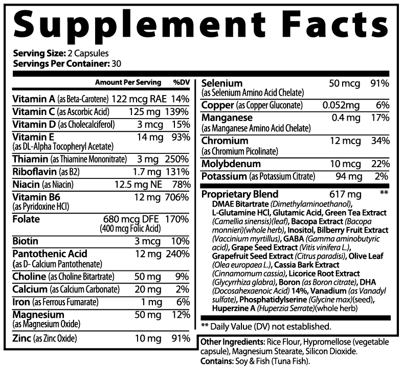 ESISLABS Focus Mode Supplement Facts panel showcasing premium nootropic formula for daily focus and wellness.