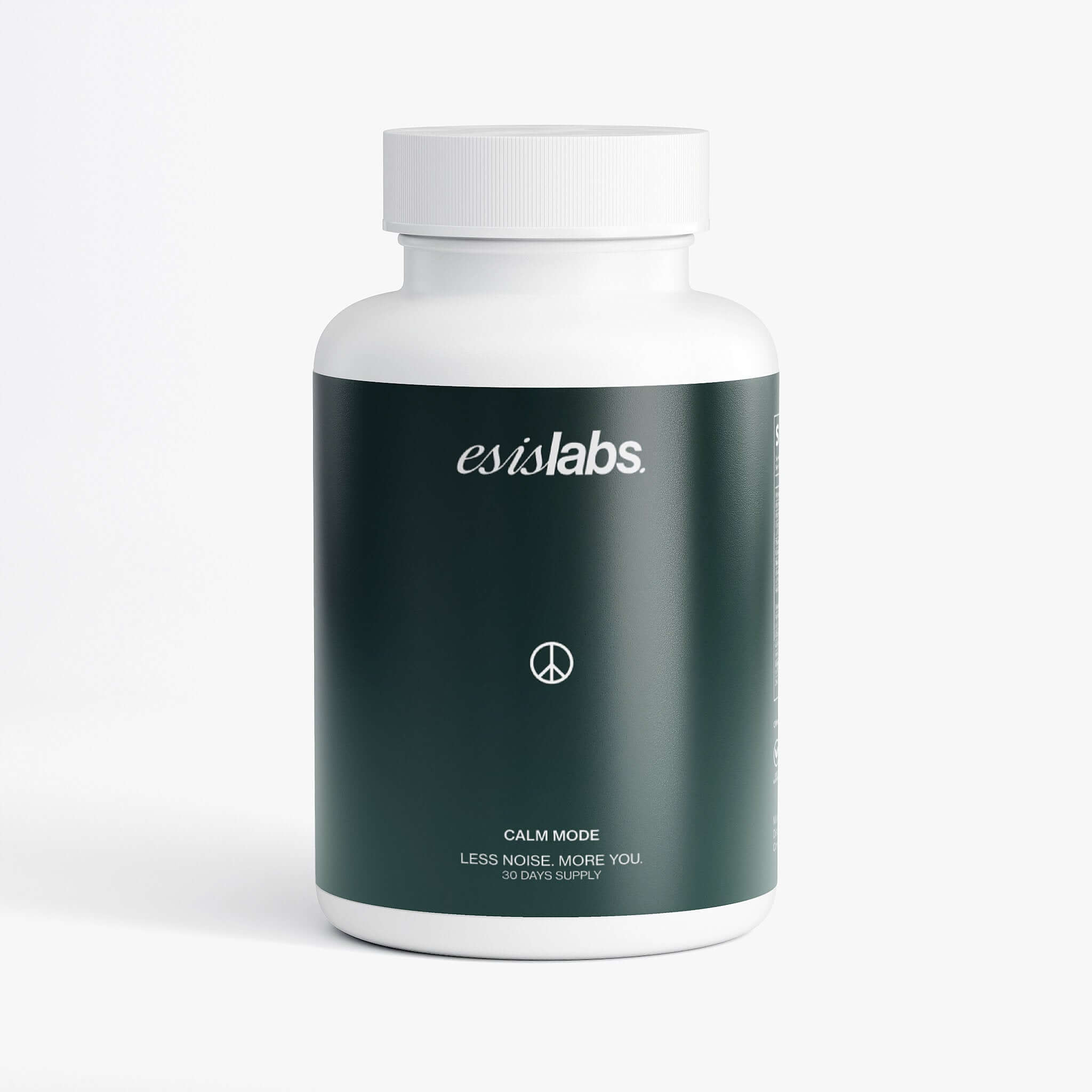 ESISLABS Calm Mode premium capsules in a sleek dark green bottle, promoting focus and calm.